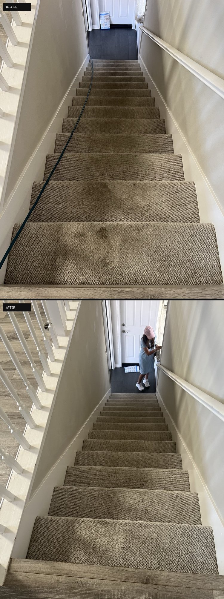 Staircase carpet before and after cleaning - All Star Carpet & Tile Care
